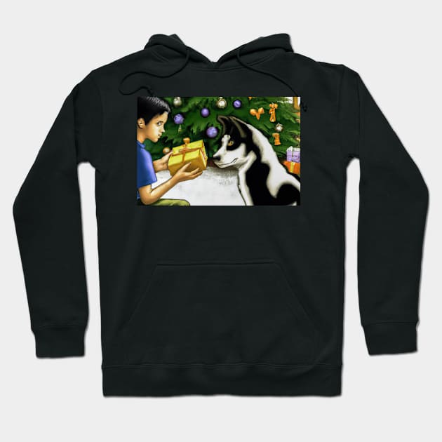 Boy and His Dog Opening Christmas Presents - Greeting Card Hoodie by JohnCorney